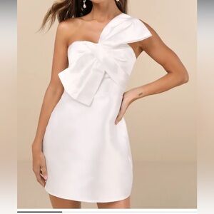 Lulus White Utterly Pretty White Bow One-Shoulder Mini Dress with Pockets SZ XL